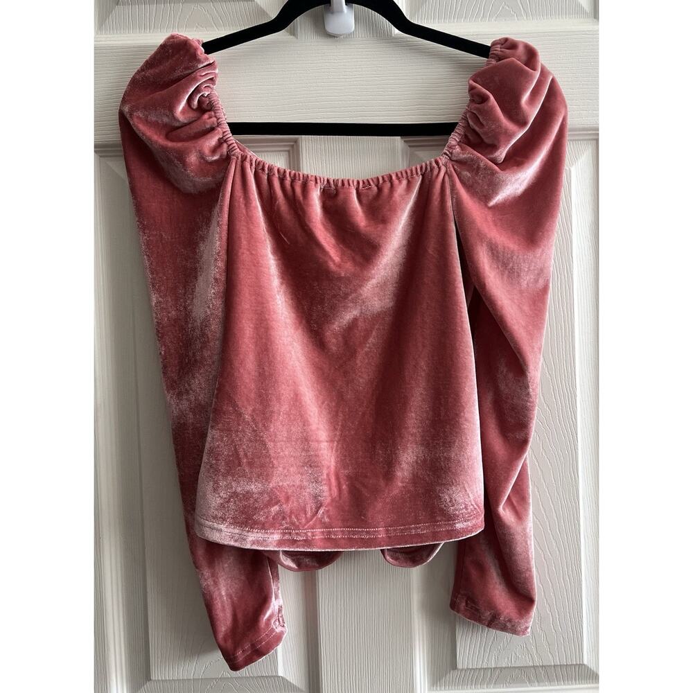 MINKPINK Ruched Pink Velvet Stretch Puff Sleeve Top Blouse - Picture 8 of 13